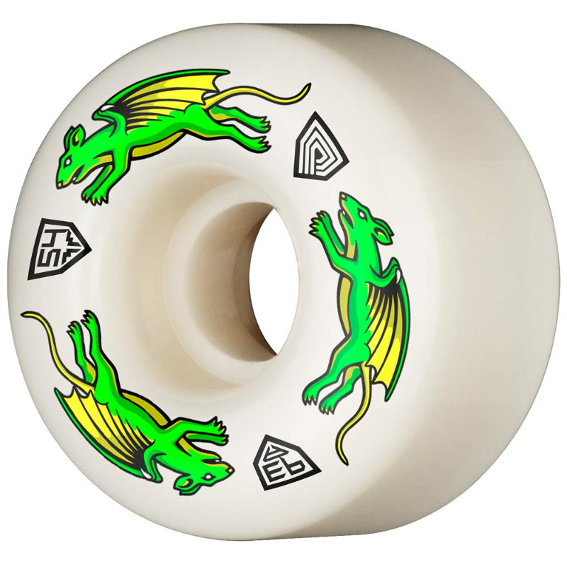 An off-white skateboard wheel featuring green and yellow dragon rat graphics and black geometric logos, isolated on a white background.