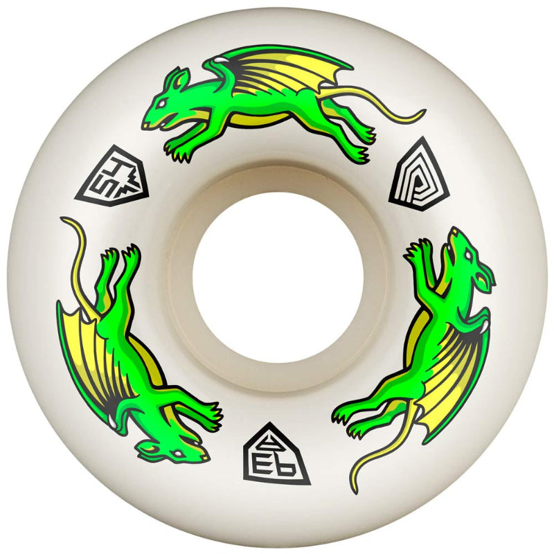 An off-white skateboard wheel featuring two green and yellow dragon rat graphics and four black geometric logo shapes, isolated on a white background.