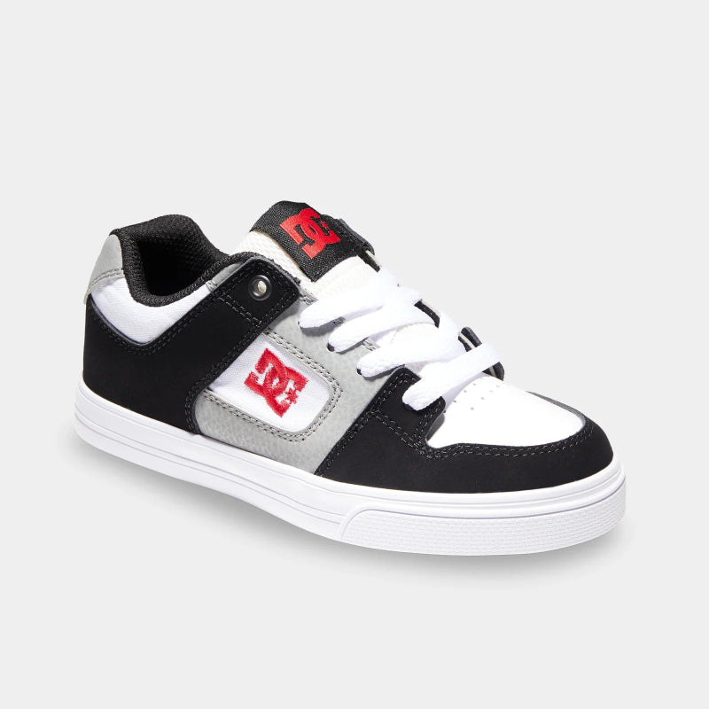 Black and white sneaker with red logo on a light gray background