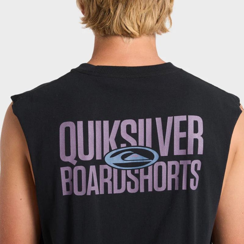 Person wearing a black sleeveless shirt with Quiksilver branding on the back.