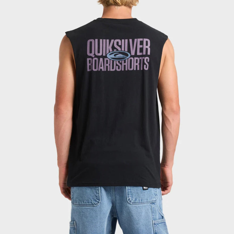 Person wearing a black sleeveless shirt with Quiksilver branding on the back, standing against a plain background.