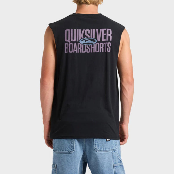 Person wearing a black sleeveless shirt with Quiksilver branding on the back, standing against a plain background.
