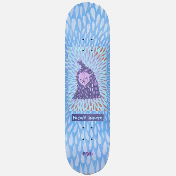 Skateboard deck with a colorful design and 'Nicole Hause' branding on a white background