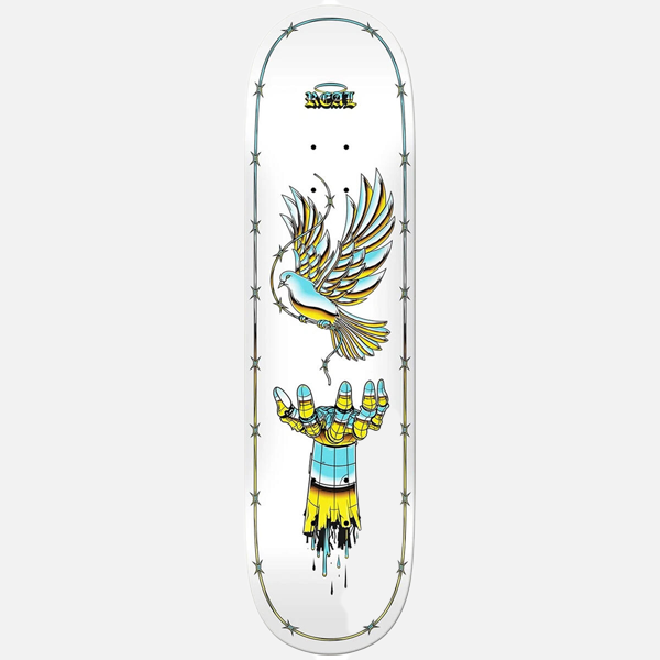Skateboard deck with a design of a hand holding a bird, surrounded by barbed wire on a white background.