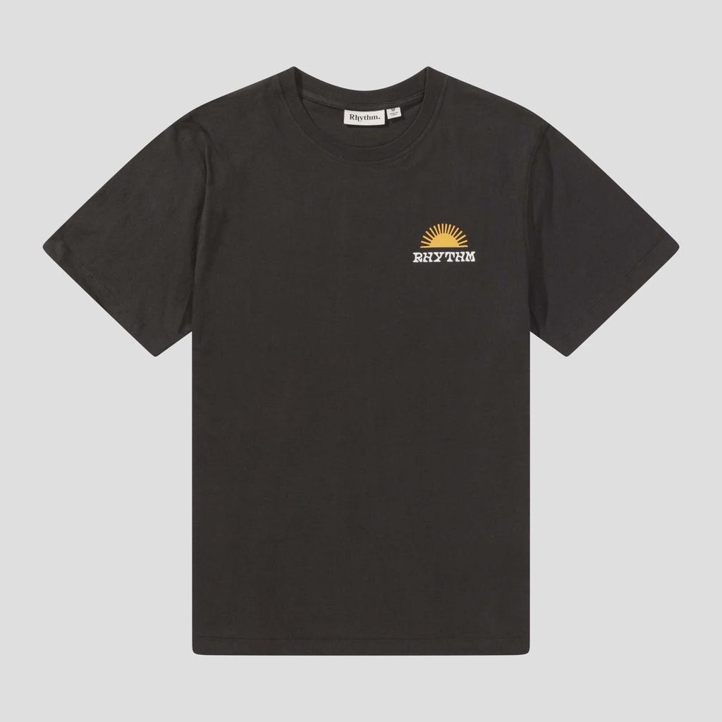 Black t-shirt with a small logo on a light gray background