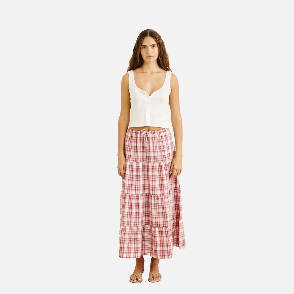 Rhythm Chelsea Check Tiered Maxi Skirt - Plum