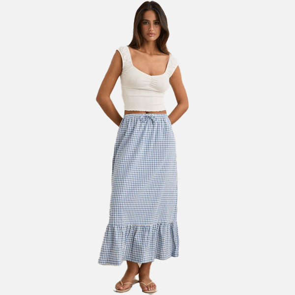 Rhythm Lola Check Tiered Maxi Skirt - Blue