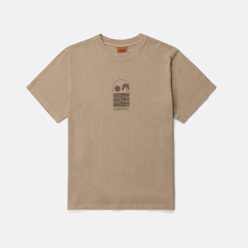Beige t-shirt with a small graphic on a white background