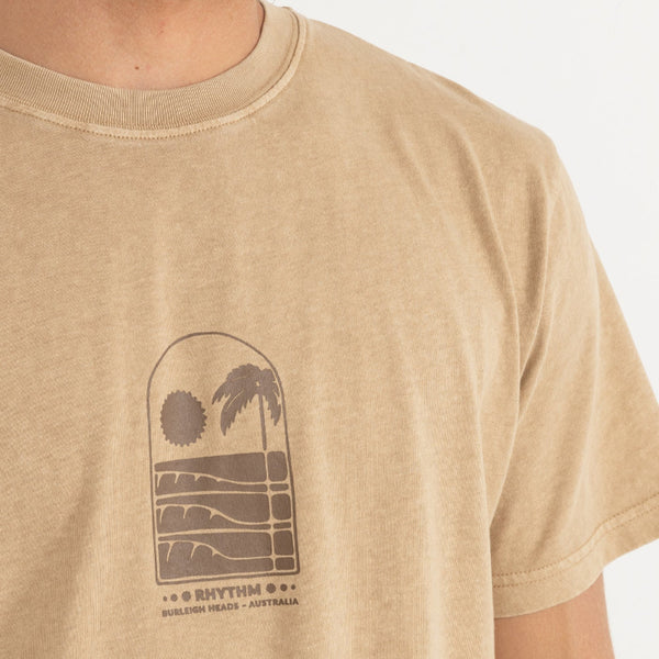 Beige t-shirt with a graphic design on a white background