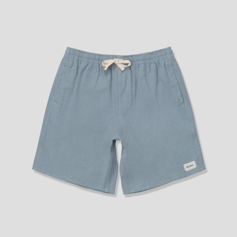 Blue shorts with a drawstring on a light gray background