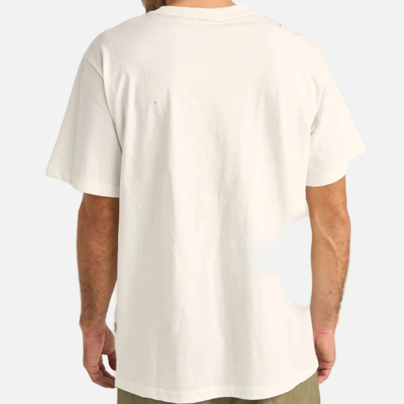 Man wearing a plain white t-shirt and green pants on a light gray background
