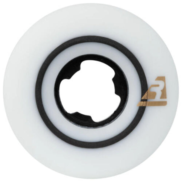 A single white skateboard wheel with a black inner ring and a small gold logo on the right side, isolated on a white background.