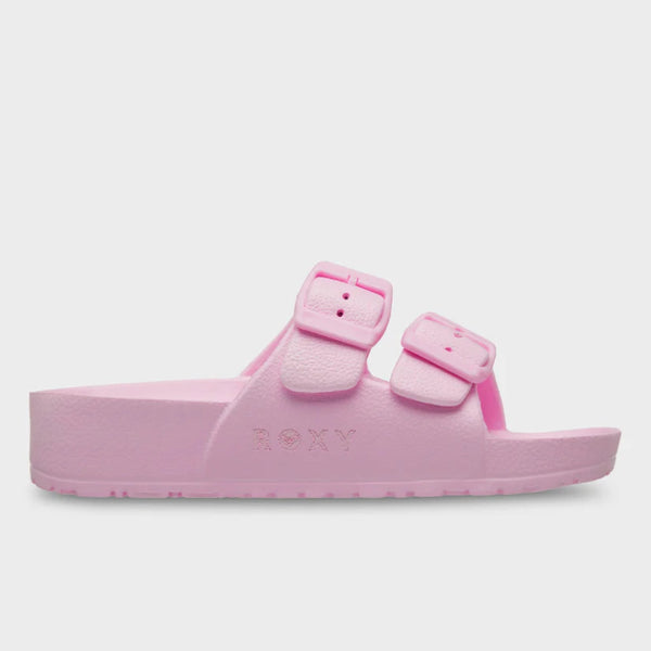 Pink sandal with a visible brand logo on a light gray background