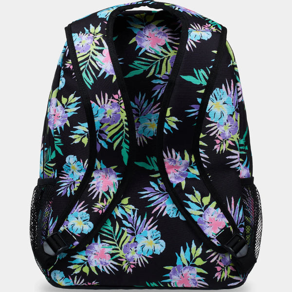 Backpack with colorful floral pattern on a black background