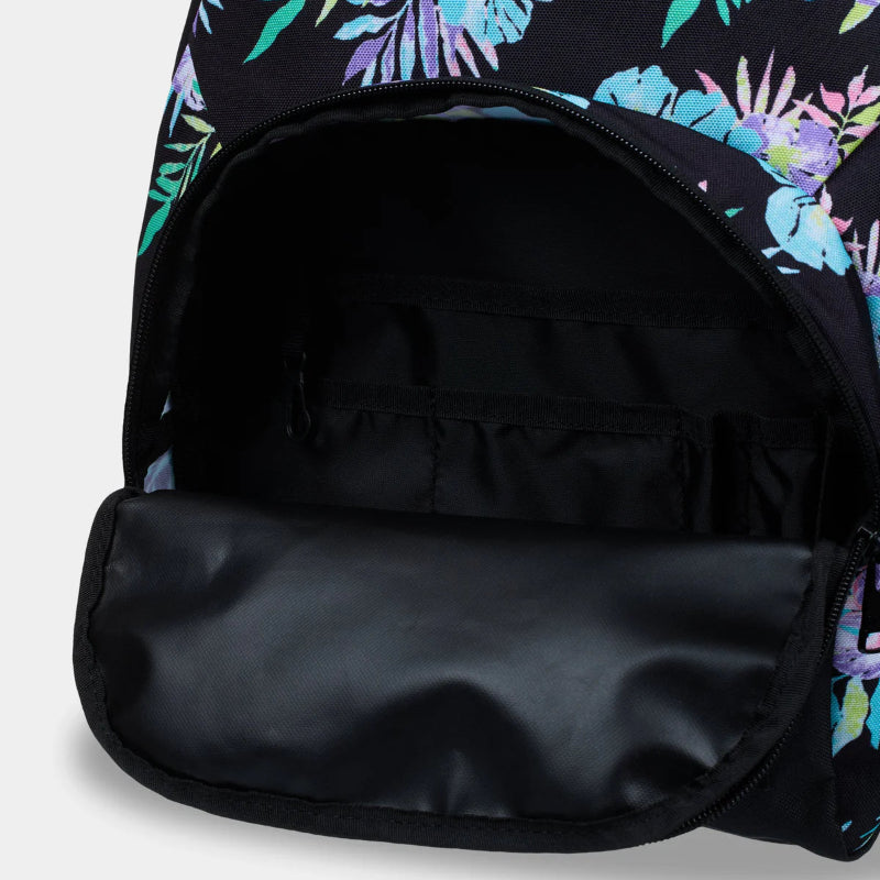 Backpack with colorful floral pattern on a light gray background