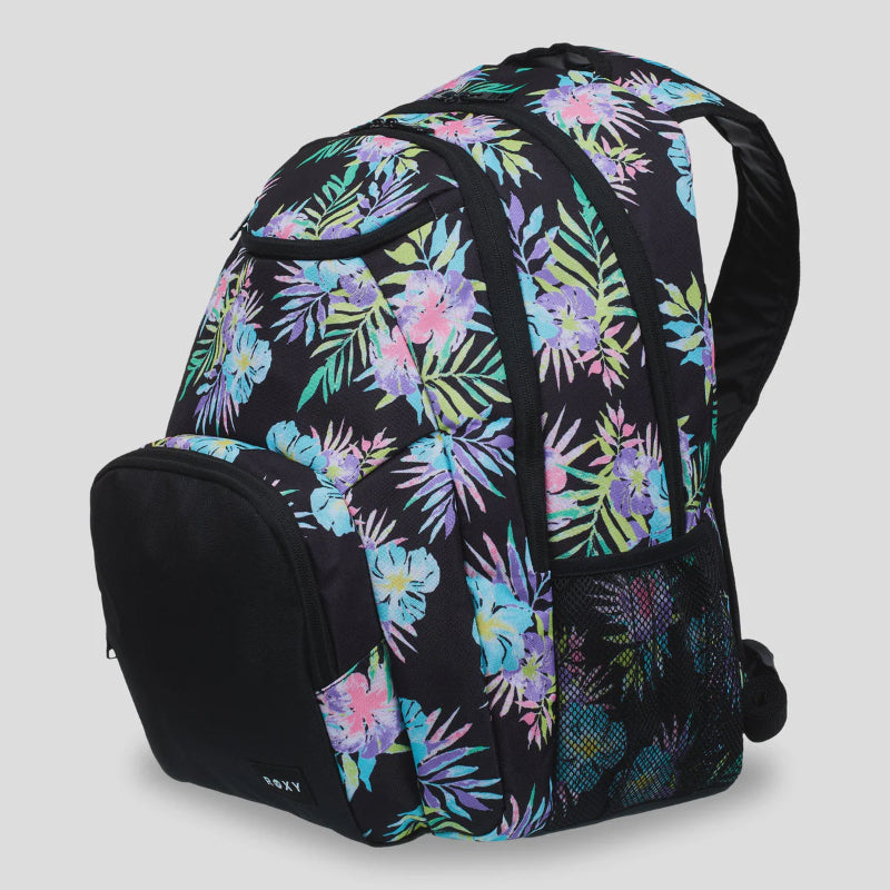 Backpack with colorful floral pattern on a gray background
