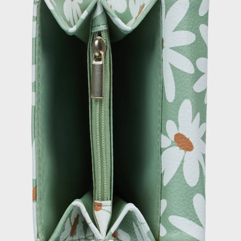 Green floral-patterned pouch with a zipper on a white background