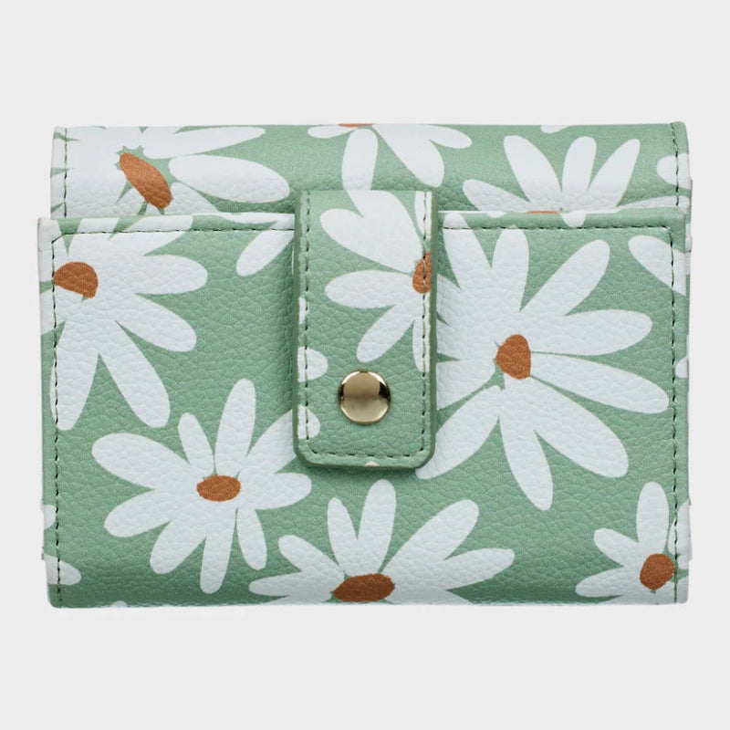 Floral patterned wallet with white flowers and green background