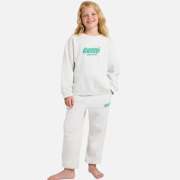 Child wearing a white sweatshirt and pants with a brand logo on a white background