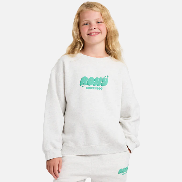 Child wearing a white sweatshirt with a green logo on a white background