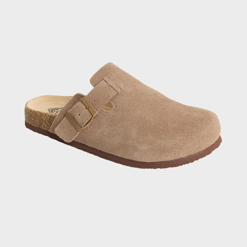 Brown suede clog shoe on a white background