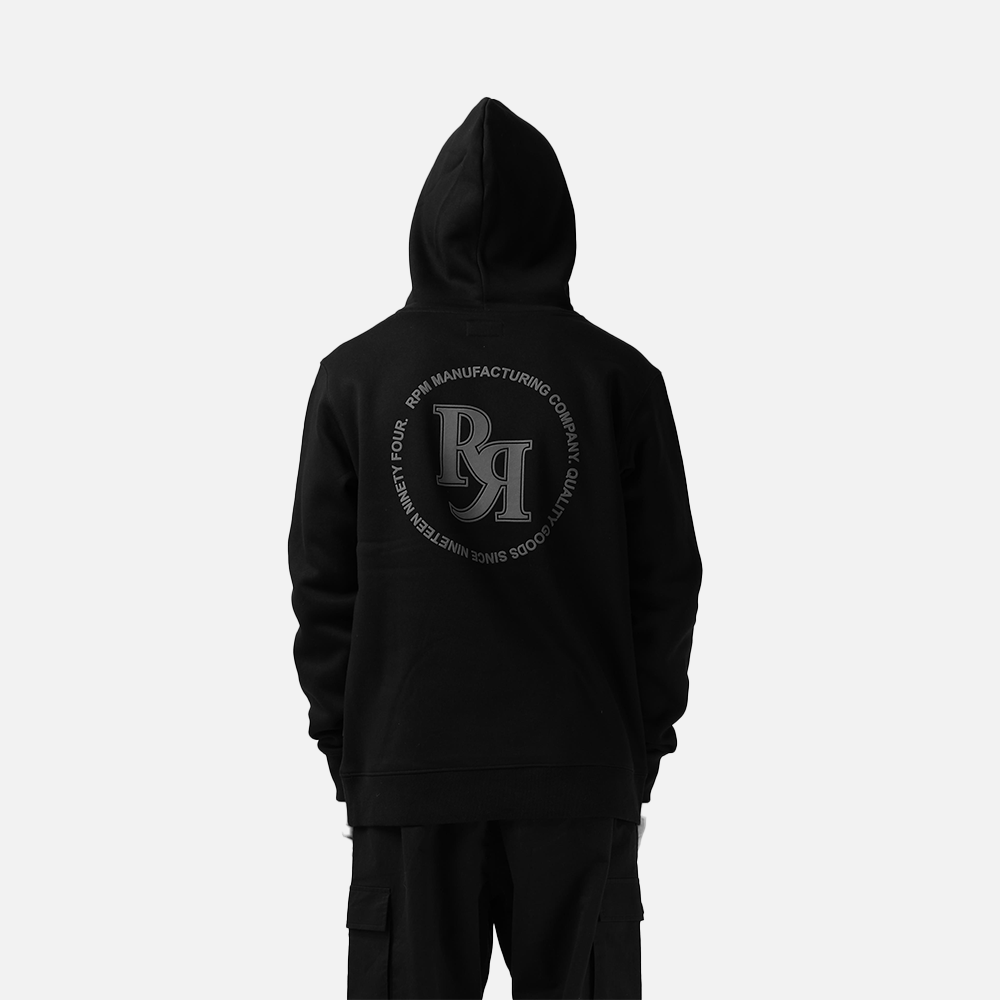 Black hoodie with a logo on the back against a white background