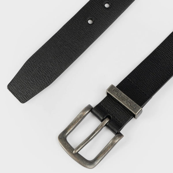 Black belt with metal buckle on a white background