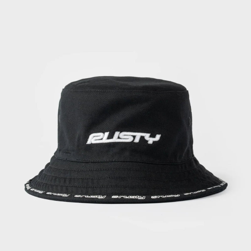 Black bucket hat with 'Rusty' branding on a light gray background
