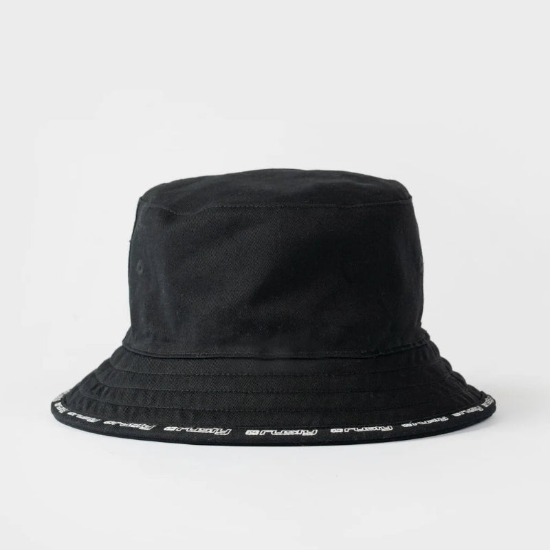 Black bucket hat with white text on a light gray background