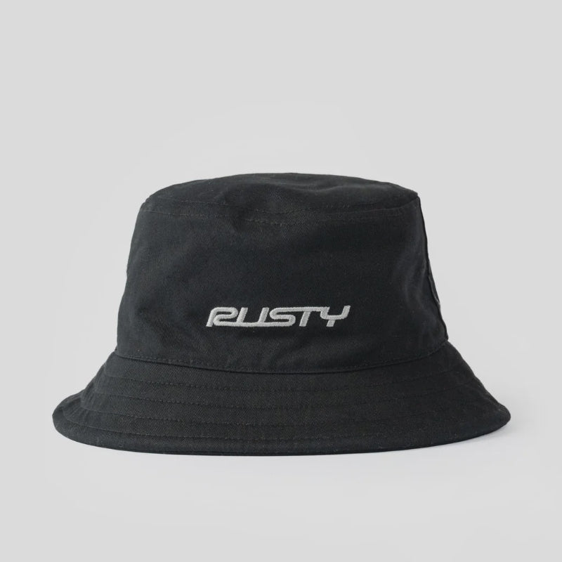 Black bucket hat with 'Rusty' logo on a white background