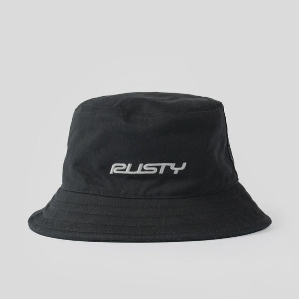 Black bucket hat with 'Rusty' logo on a white background