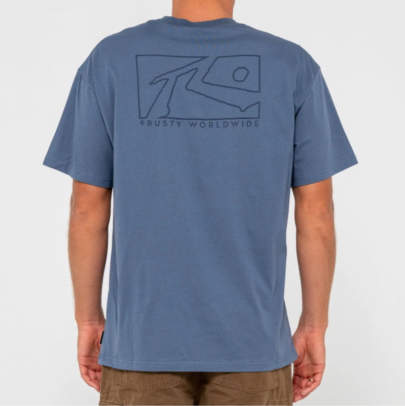 Man wearing a blue t-shirt with a logo on the back against a white background