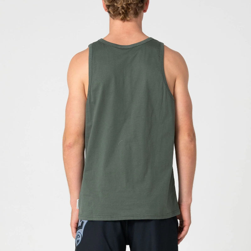Person wearing a green tank top and black cap on a white background