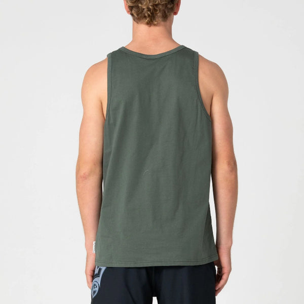 Person wearing a green tank top and black cap on a white background