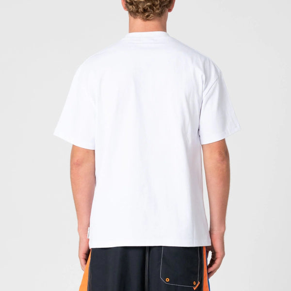 Person wearing a white t-shirt on a plain background