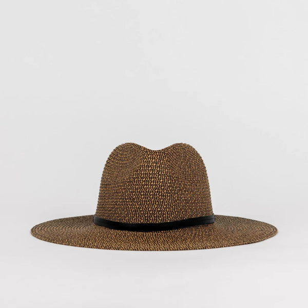 Brown straw hat with a wide brim on a light gray background