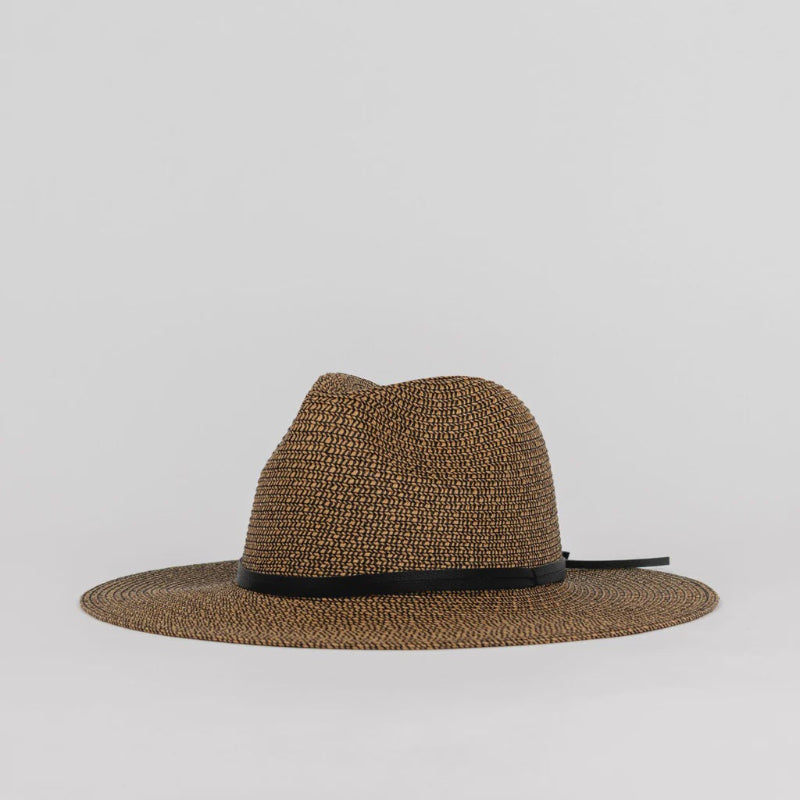 Brown straw hat with a black band on a light gray background