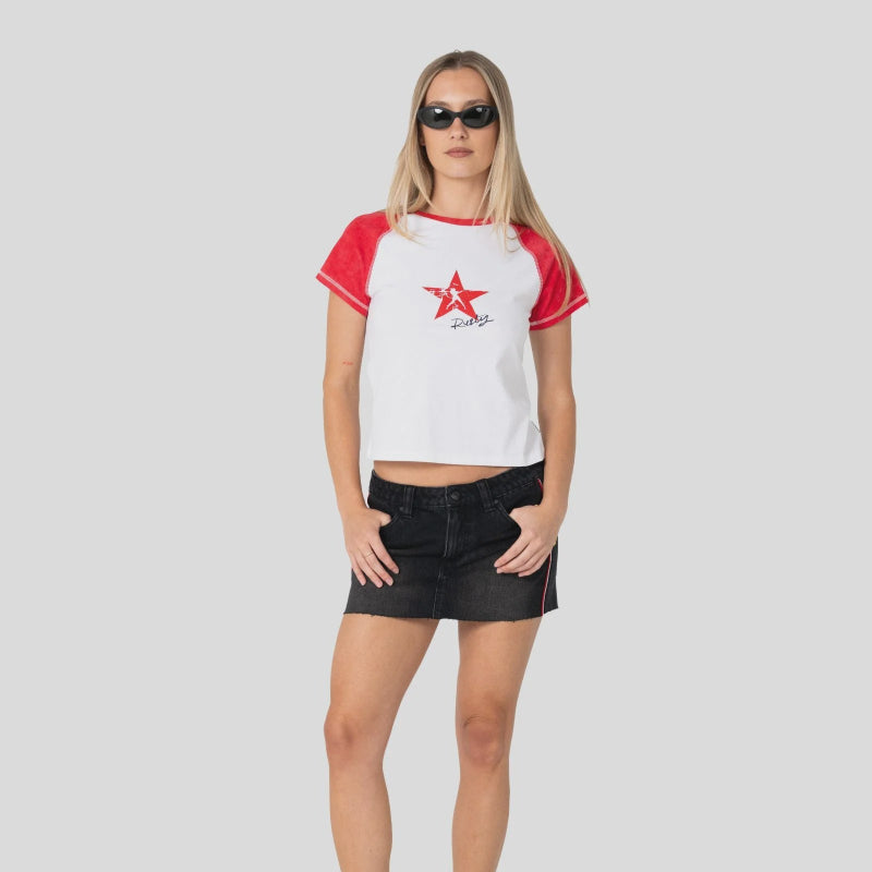 Rusty Starred Devil Raglan Baby Tee - White/Red