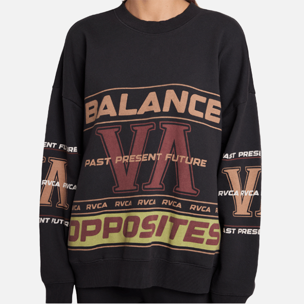 Black sweatshirt with text and logos on a white background