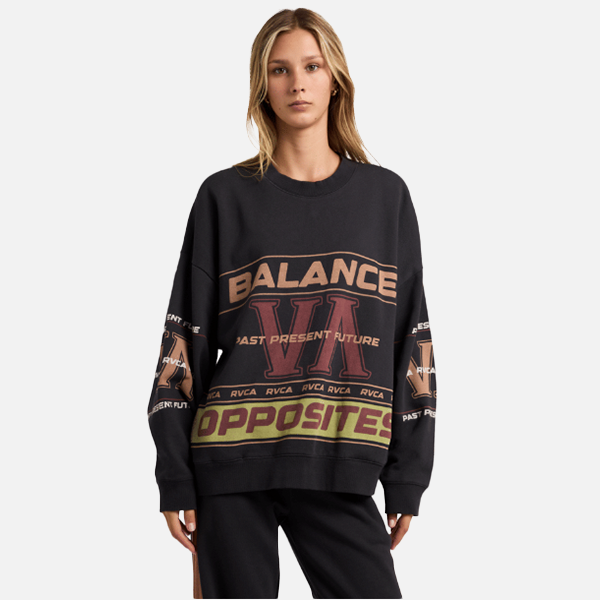 Person wearing a black sweatshirt with text and logos on a white background