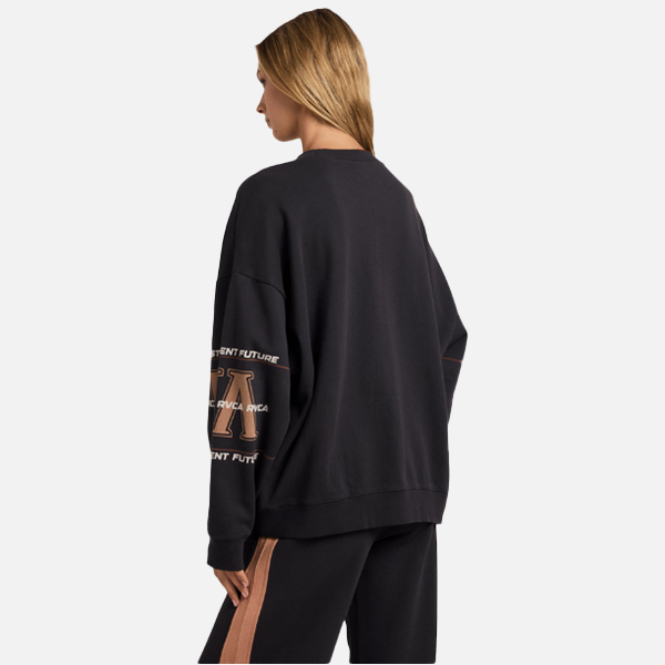 Person wearing a black sweatshirt with text and graphics on the sleeve against a white background