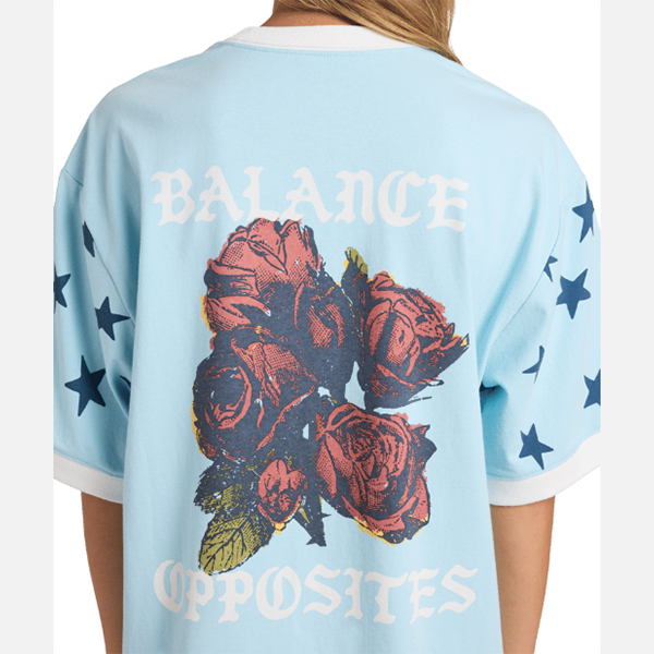 Light blue t-shirt with floral design and text on a plain background