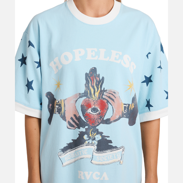 Light blue t-shirt with graphic design and text on a white background
