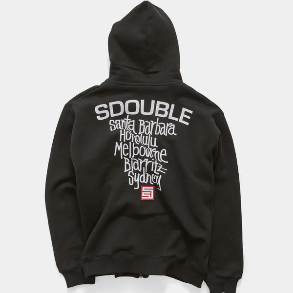 Black hoodie with text on the back on a white background