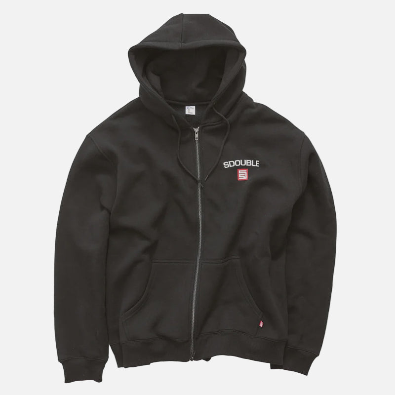 Black hoodie with a brand logo on a light gray background