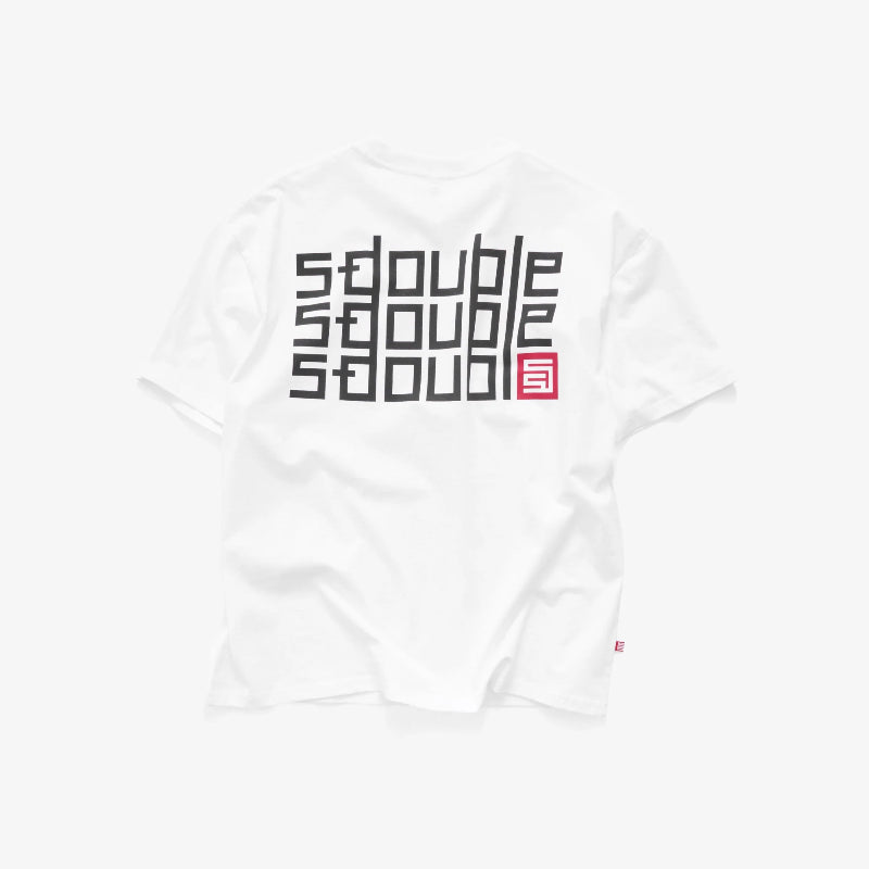 A white short-sleeve t-shirt with a large black geometric 'double trouble' graphic and a small red square logo on the front, displayed flat against a light gray background.