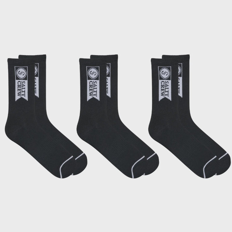 Three pairs of black socks with a brand logo on a light gray background