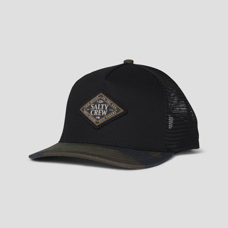 Black trucker cap with a logo on a white background