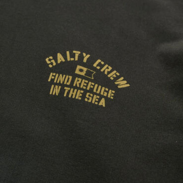 Black t-shirt with yellow 'Salty Crew' logo and text on a white background
