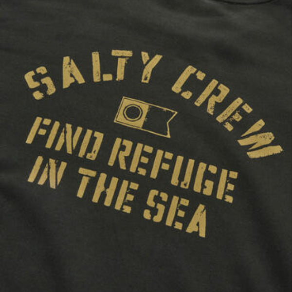 Black t-shirt with yellow text and logo, featuring the brand 'Salty Crew'.